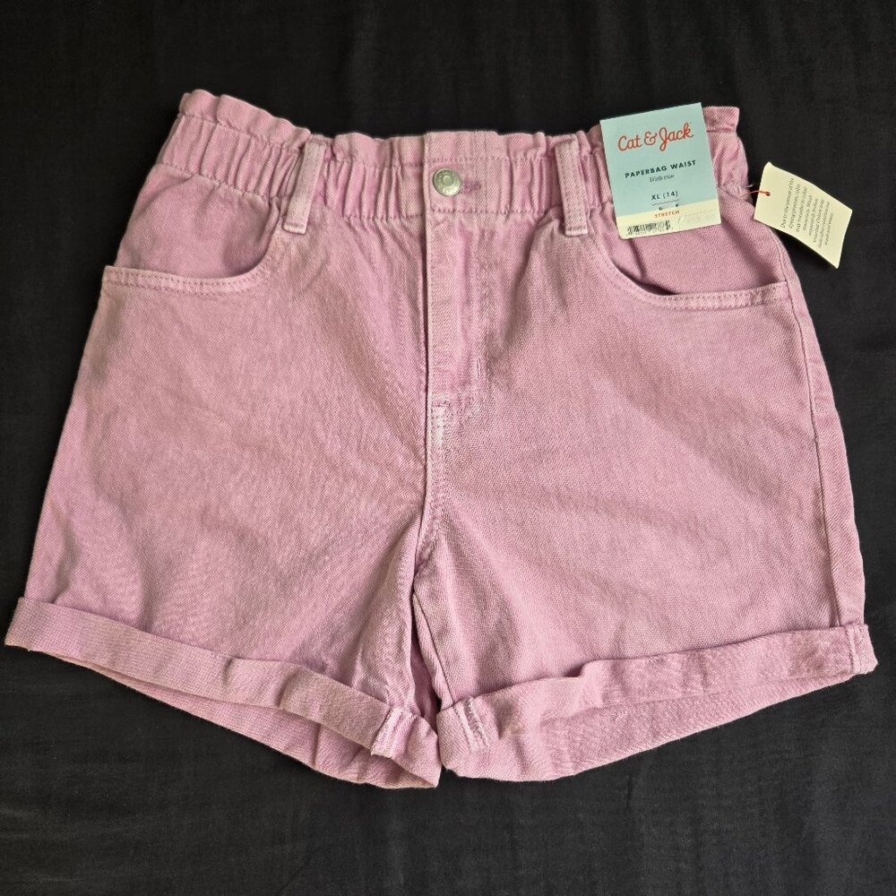 Cat & Jack Girls’ High-Rise Paper Bag Cuffed Jean Shorts – Lilac, Size XL 14, NW